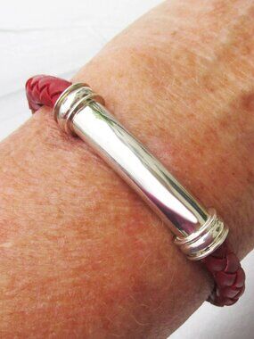 Vintage ESPO Esposito Sterling Silver Red Braided Leather Vintage Cuff Bracelet